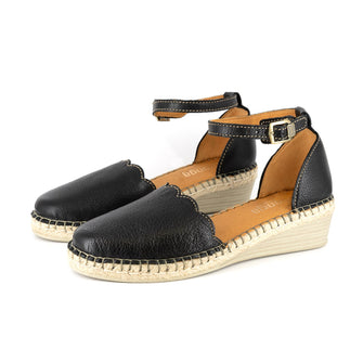 Inkantolo Ladies Leather Wedge Espadrille In Black Cayak